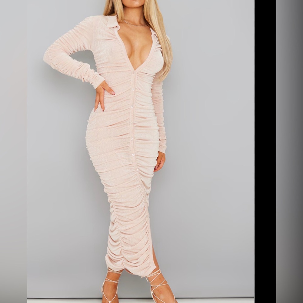 Pretty Little Thing Beige Ruched Slinky Midi Dress